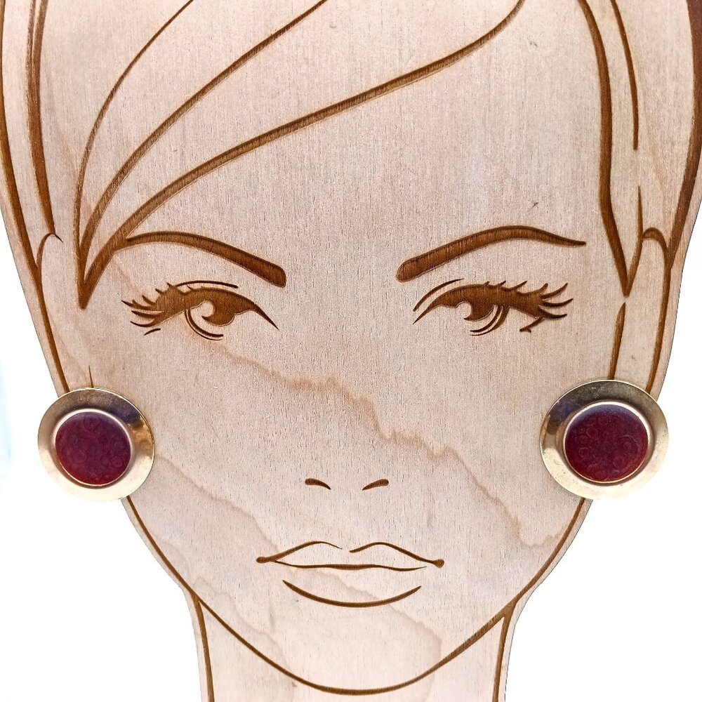 Chic Enamel Stud Earrings, Vintage Burgundy Circles on Gold Tone